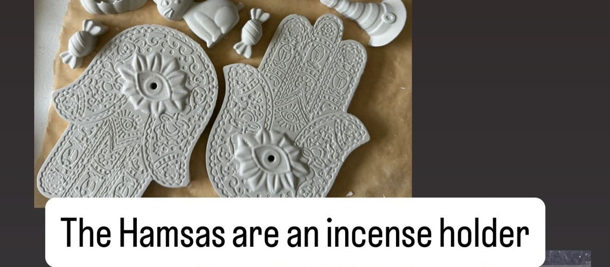 A collage showing a set of unpainted beige ceramic Hamsa hand molds and a large round base plate, with text overlays explaining that the Hamsas are an incense holder.