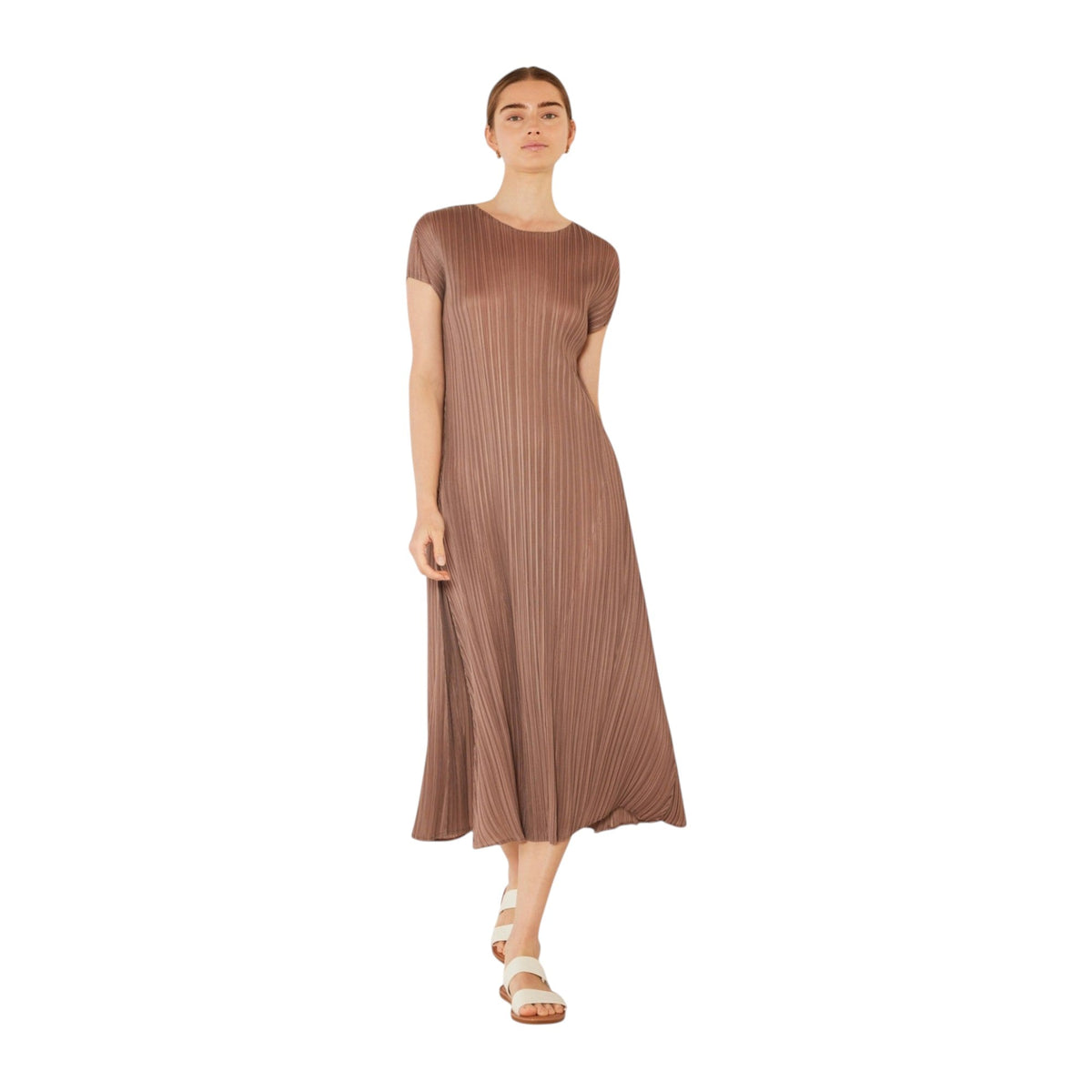 Pleated cap sleeve A-line midi dress - D01CS_Brown Gray