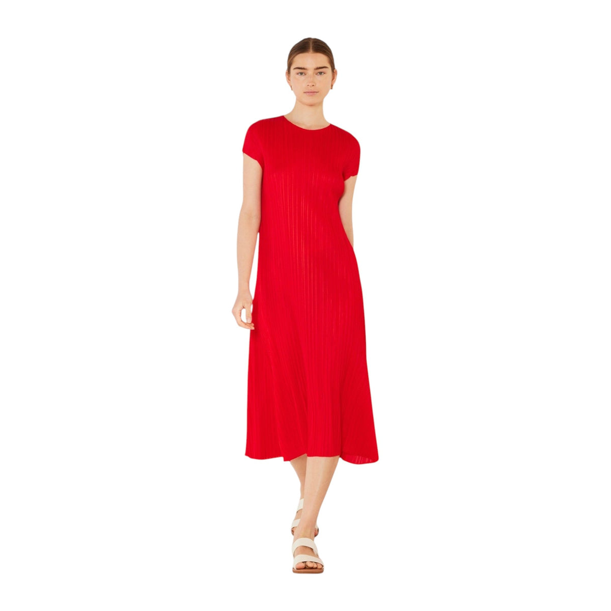 Pleated cap sleeve A-line midi dress - D01CS_Red