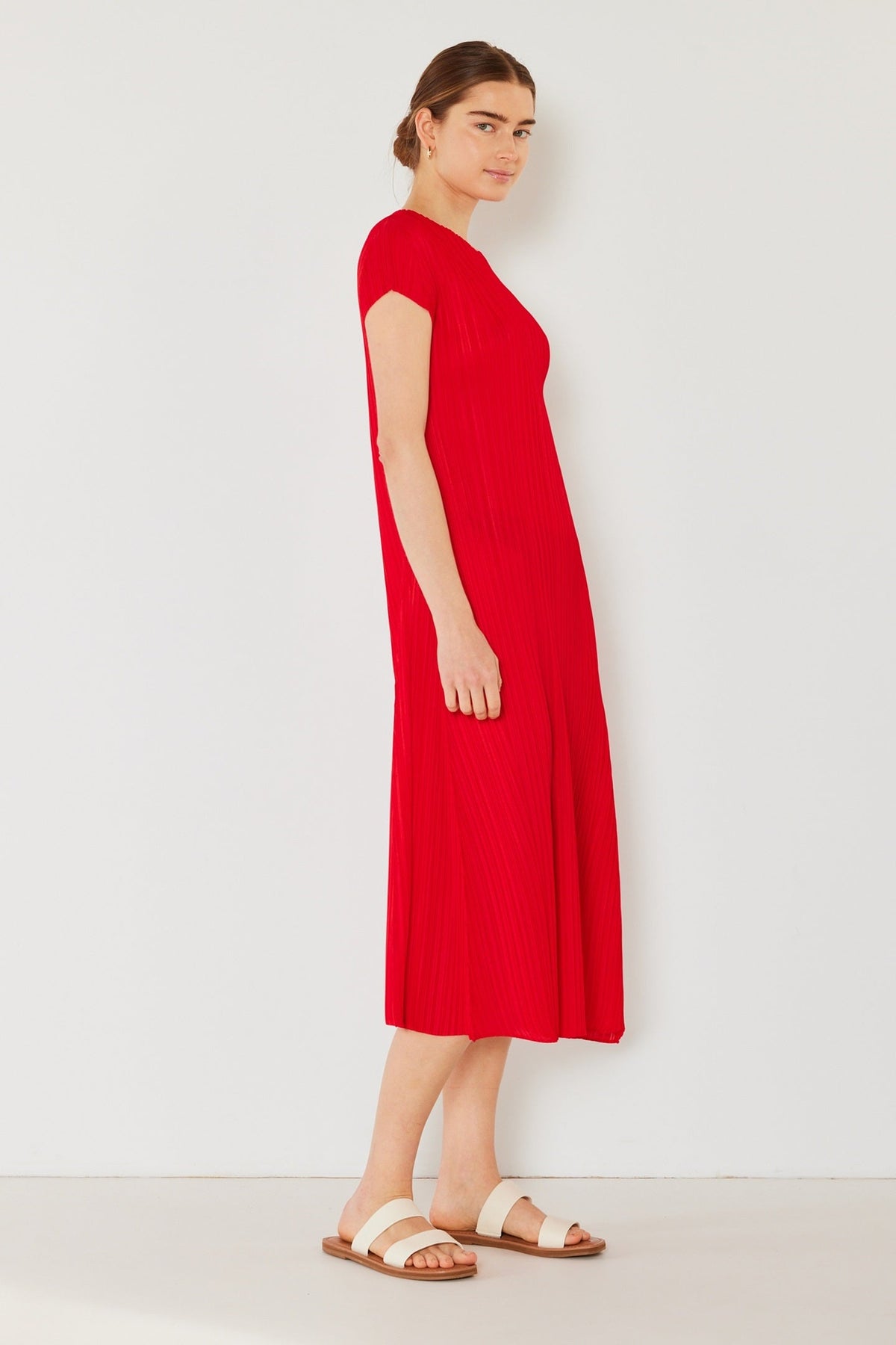 Pleated cap sleeve A-line midi dress - D01CS_Red