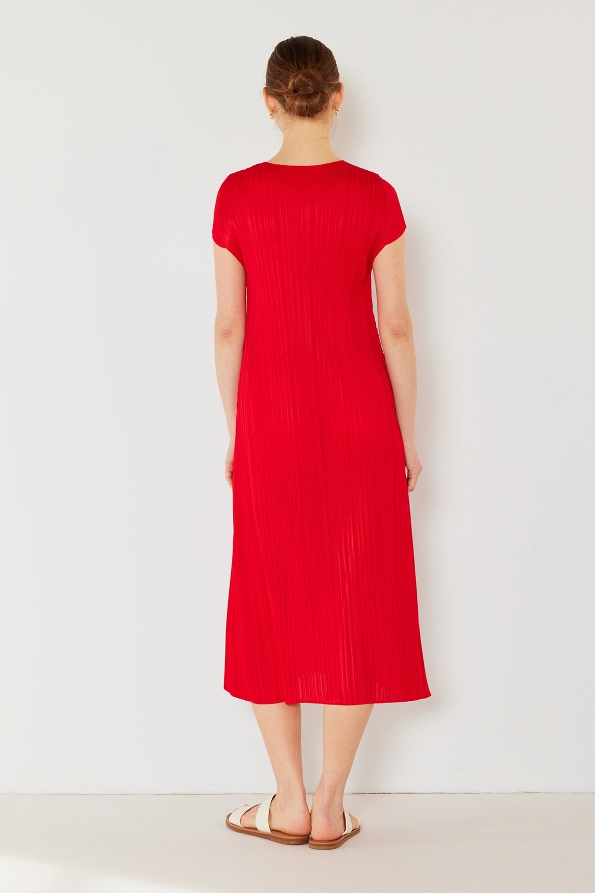 Pleated cap sleeve A-line midi dress - D01CS_Red