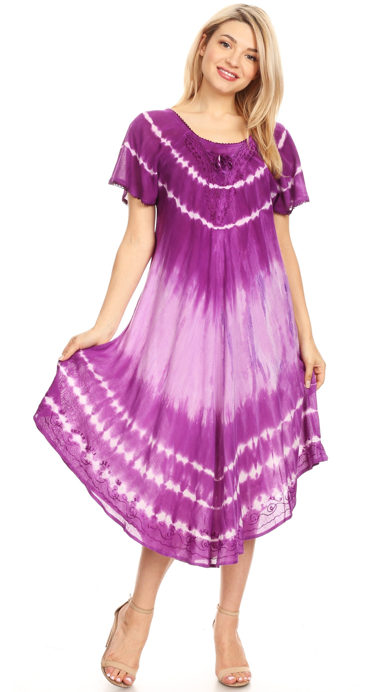 Sakkas Dalida Women's Short Sleeve Corset Tie dye Embroidered Flared Dress