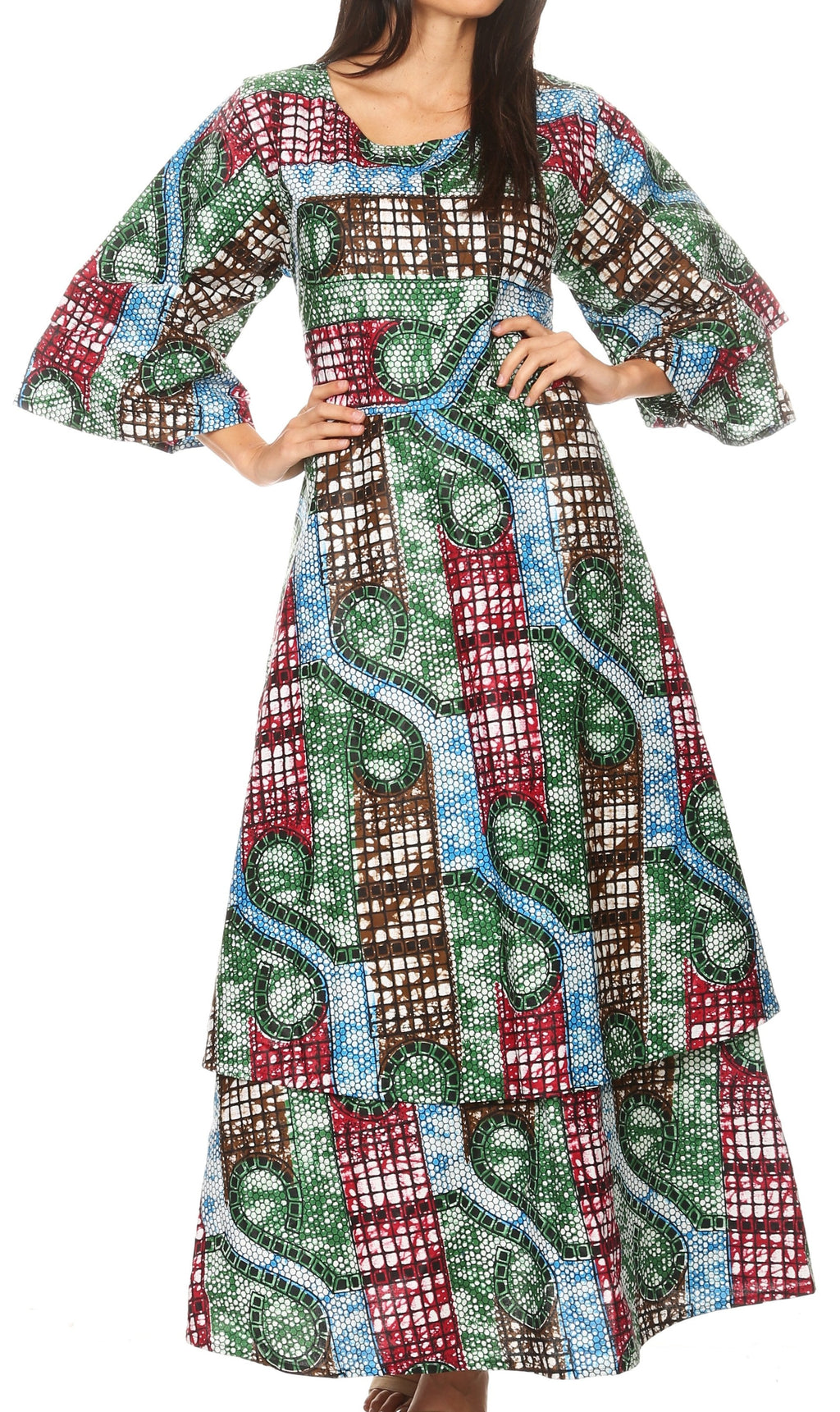 Sakkas Akela Women's Gypsy Peasant Boho Smocked Dress in African Ankara Print