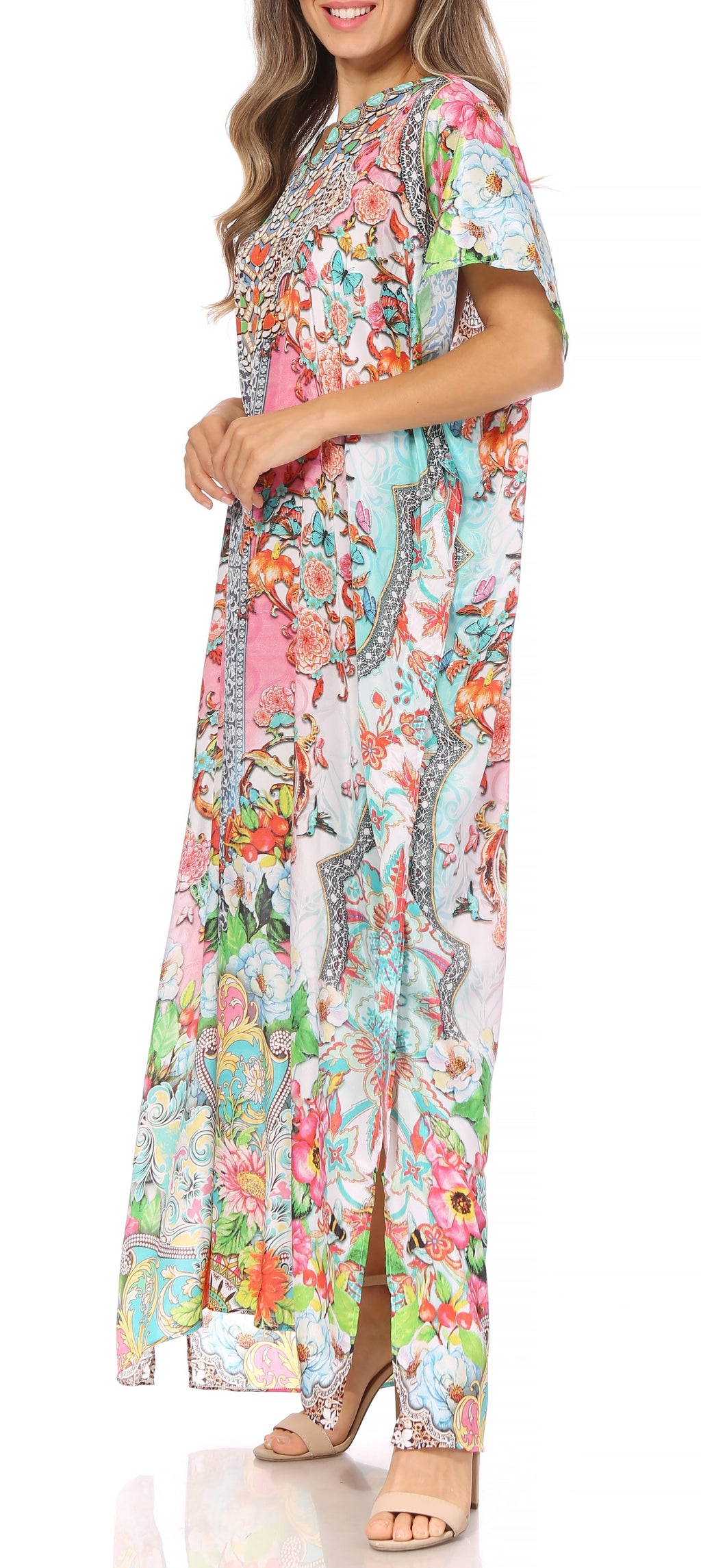Sakkas Vicky Women's Casual Long Print Short Sleeve Petite Beach Maxi Caftan Dress - Buy One Get One Free