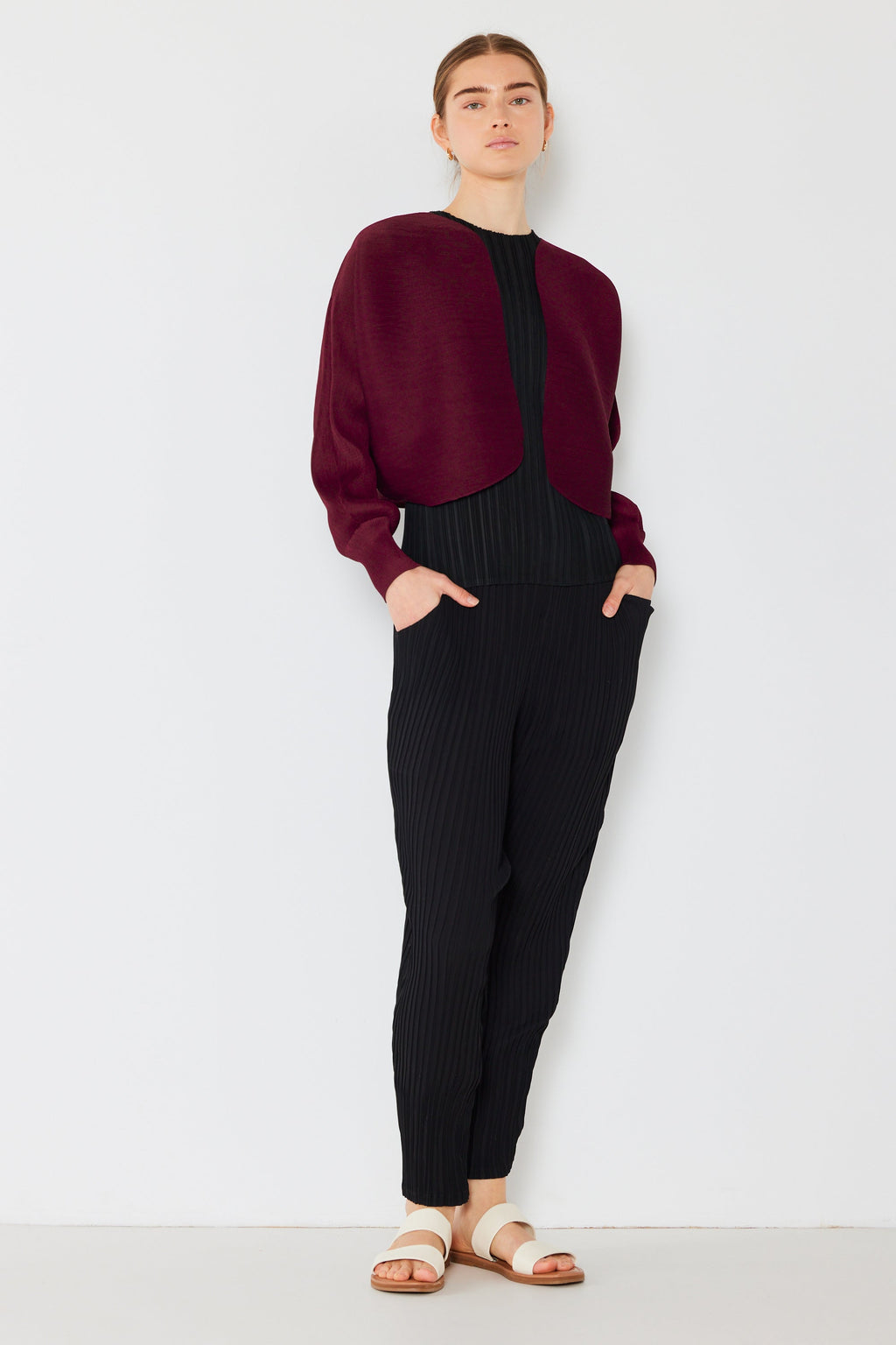 Pleated puff sleeve bolero jacket - J04SR_Wine