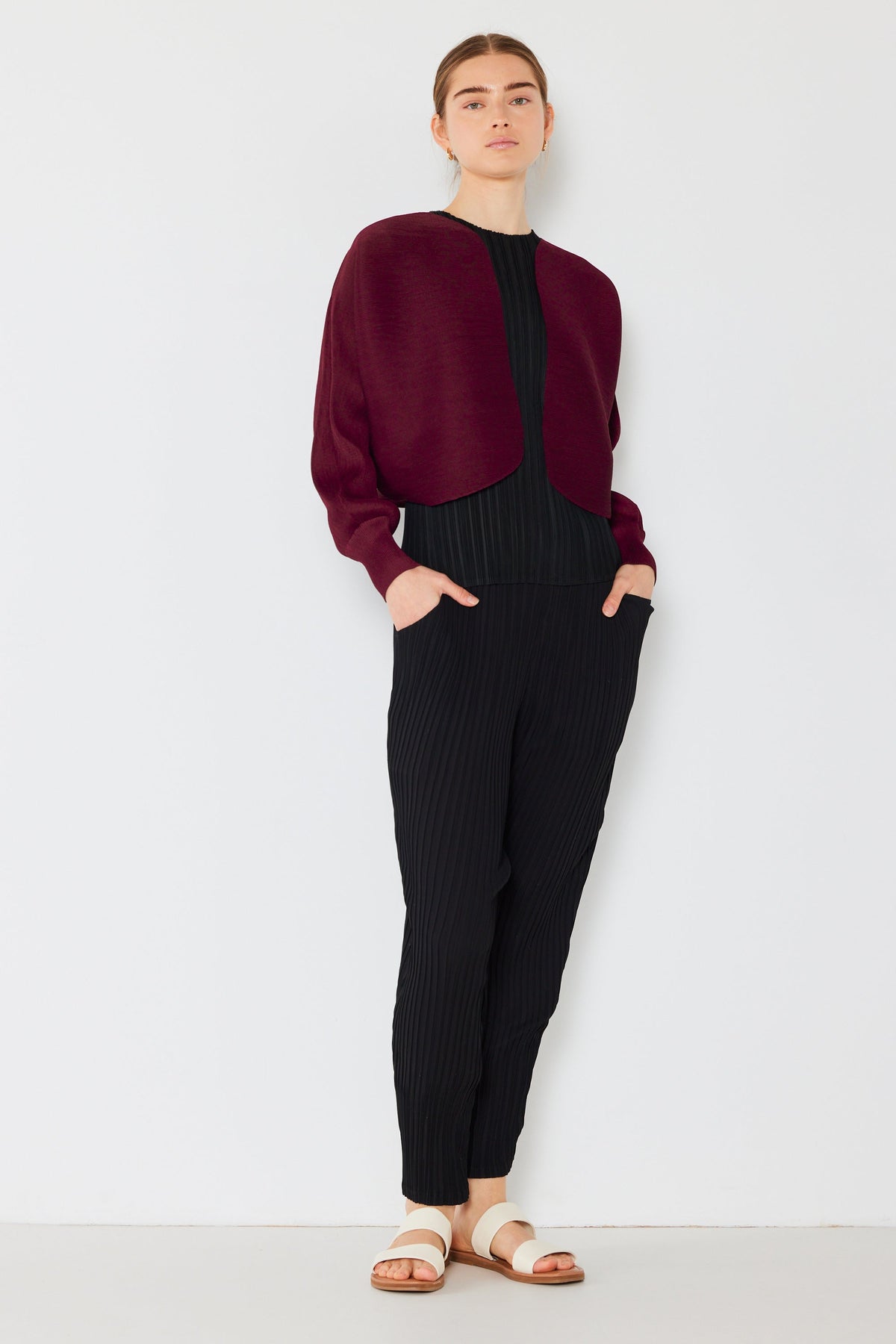 Pleated puff sleeve bolero jacket - J04SR_Wine