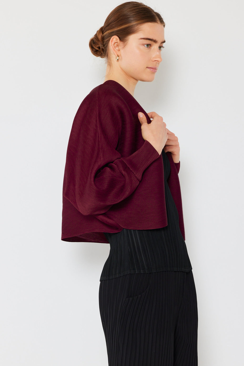 Pleated puff sleeve bolero jacket - J04SR_Wine