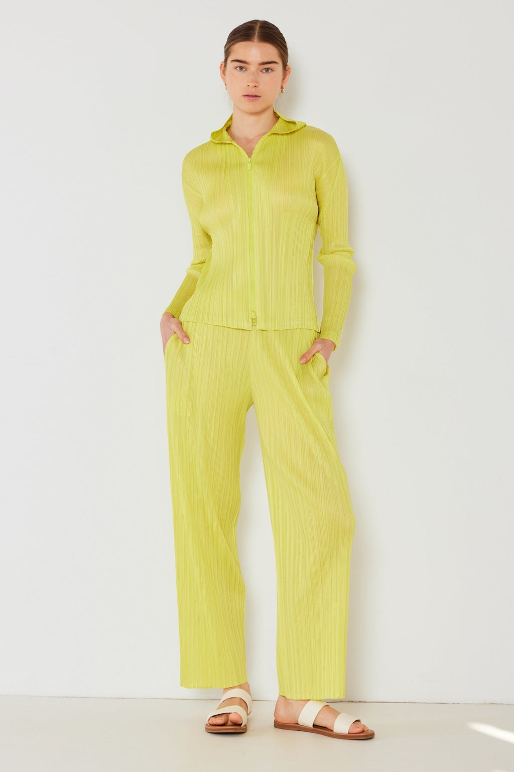 Pleated classic straight long pants - P01BS_Lime