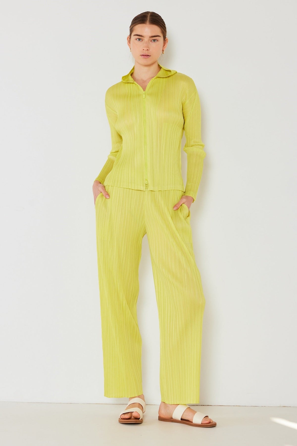 Pleated classic straight long pants - P01BS_Lime