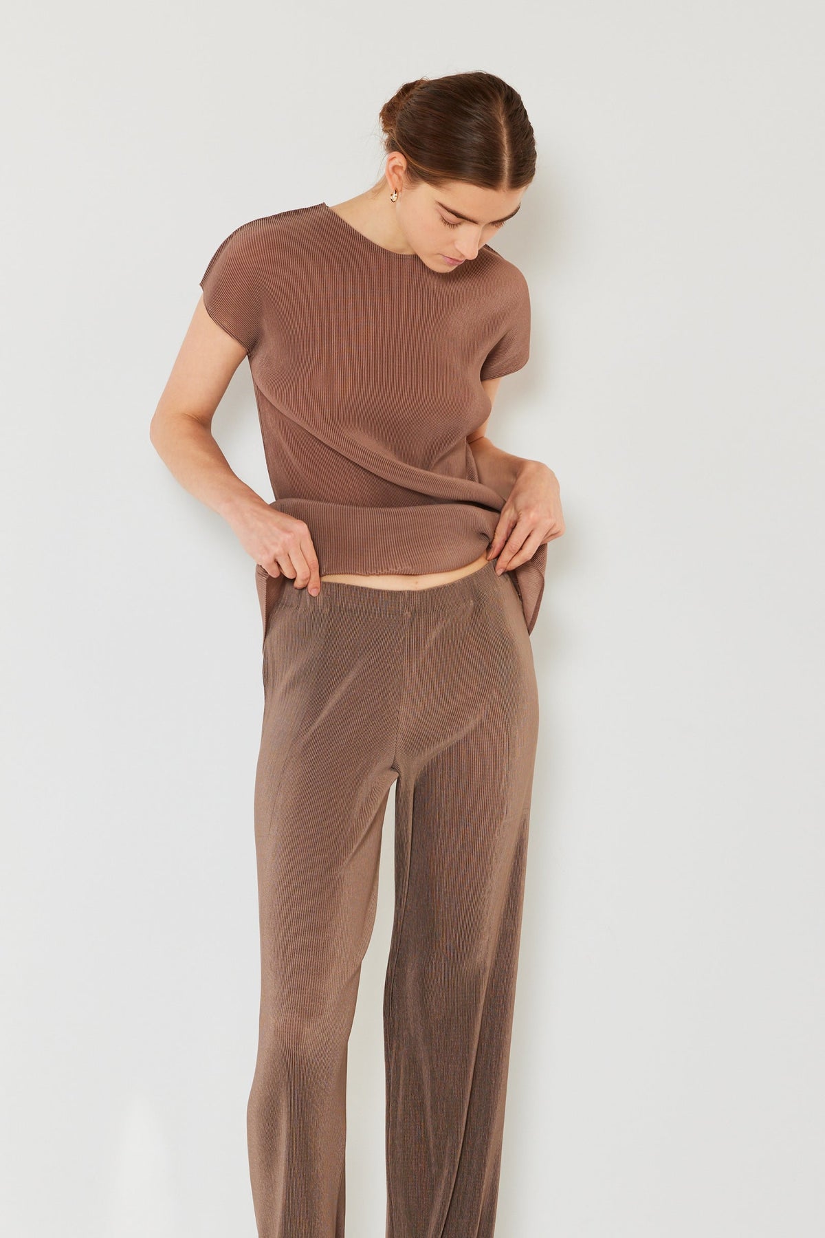 Pleated long pants w/ slight flare - P02BL_Brown
