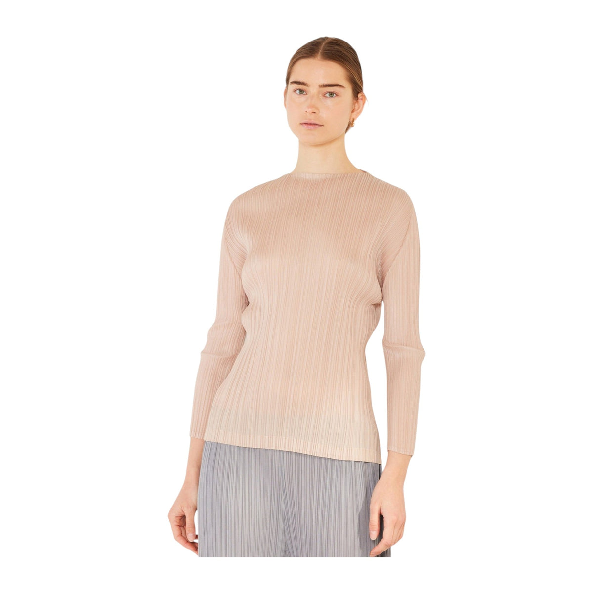 Pleated long sleeve boatneck top - T04LS_Beige