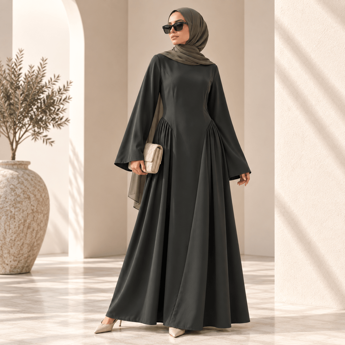 Nida Flared Maxi Dress with Pleated A-Line Skirt & Wide Bell Sleeves(MS435)