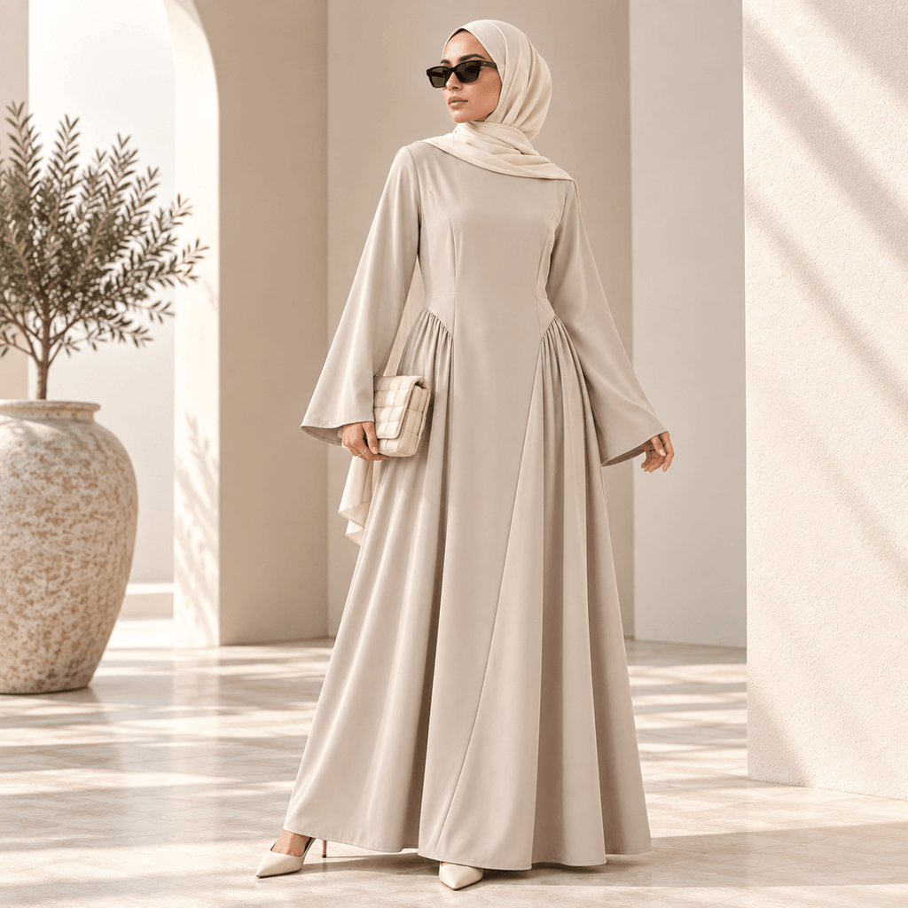 Nida Flared Maxi Dress with Pleated A-Line Skirt & Wide Bell Sleeves(MS435)