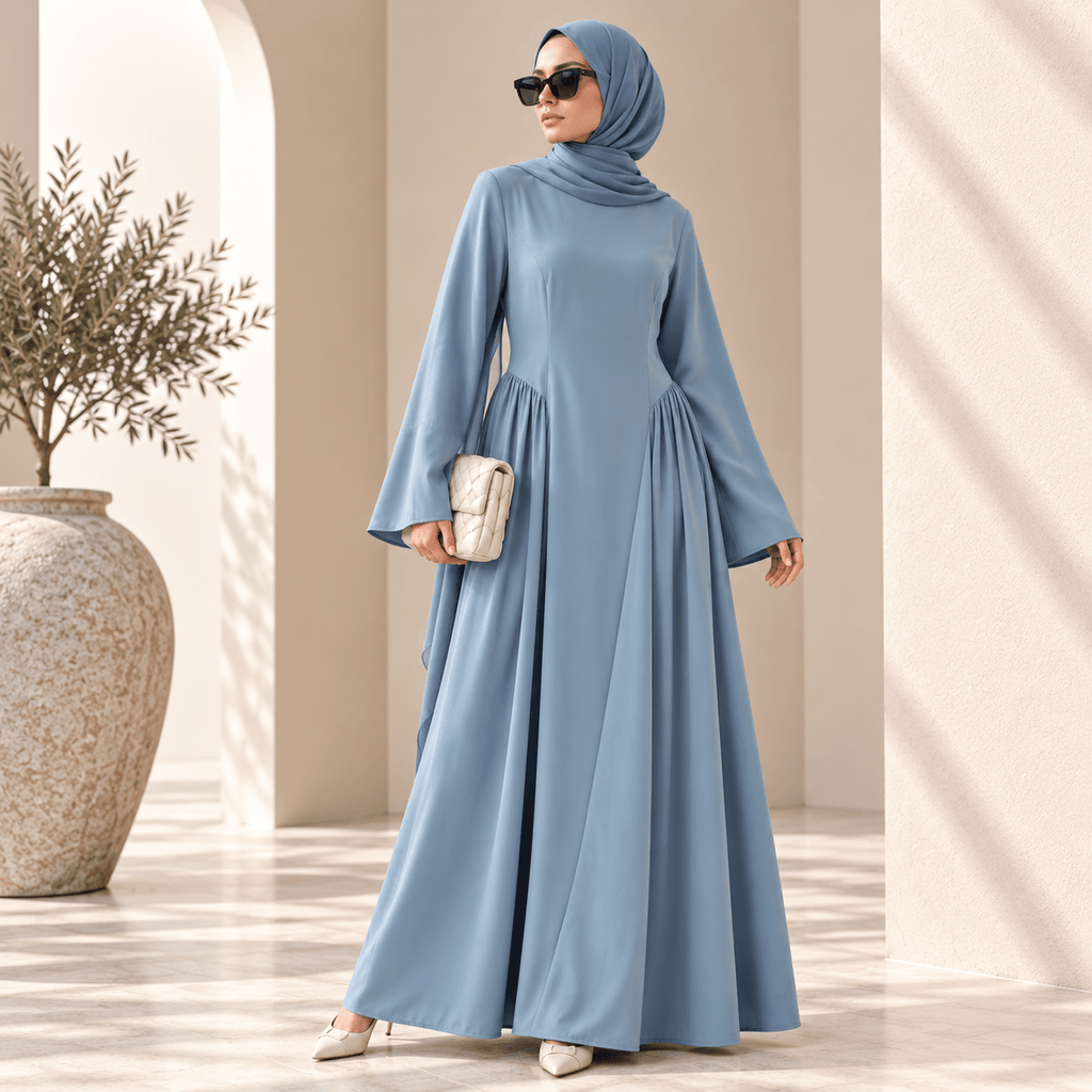 Nida Flared Maxi Dress with Pleated A-Line Skirt & Wide Bell Sleeves(MS435)