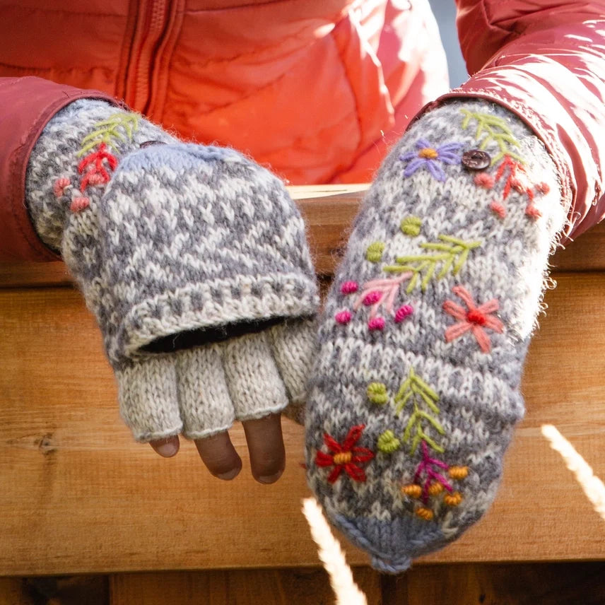 Sadie Hand Knit Wool Convertible Mittens - Embroidered